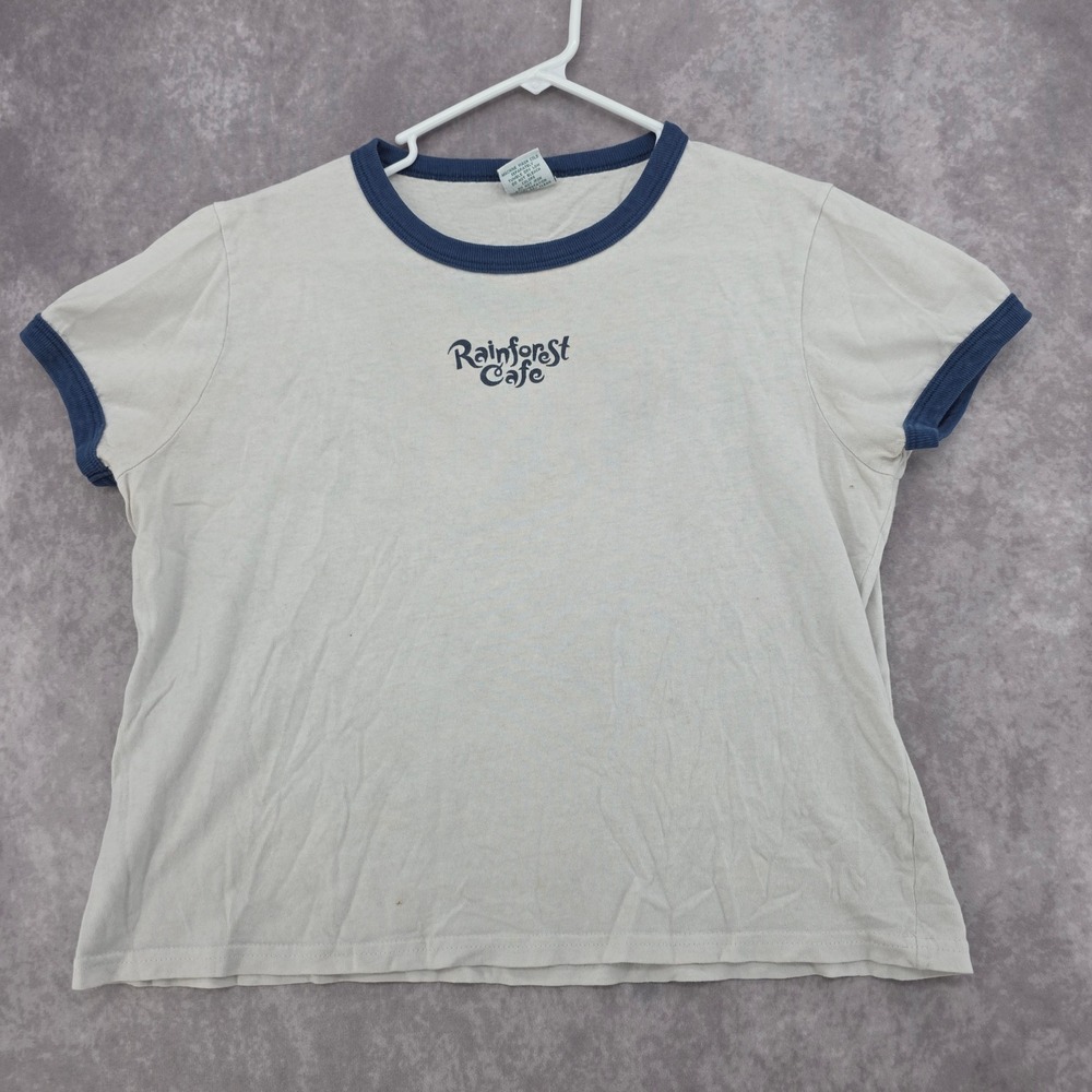 Vintage Rainforest Cafe Ringer Tee Cream Navy Blue Made in USA Womens Large